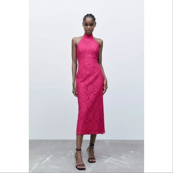 Zara Floral Lace Halter‎ Midi Sheath Dress Pink Medium Open Back - Picture 2 of 15
